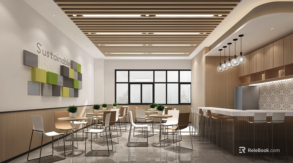 Modern Break Room Interior With Tables Chairs Large Windows And Pendant Lights 3d model