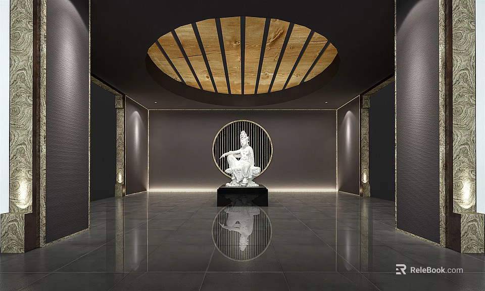 Modern Lobby Interior Design With Circular Wooden Ceiling And White Sculpture On Black Base 3d model 
