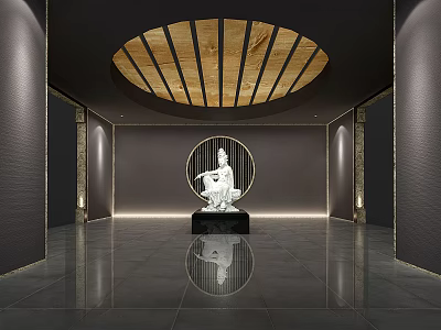 Modern Lobby Interior Design With Circular Wooden Ceiling And White Sculpture On Black Base 3d model