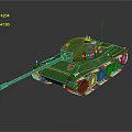 Green Military Tank Model with Turret Long Cannon and Metal Tracks