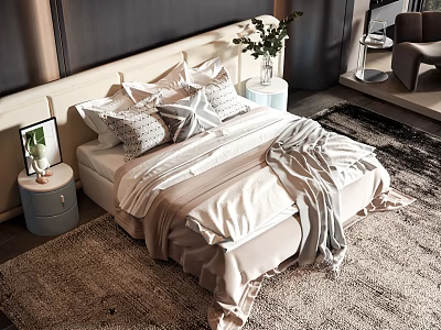 Modern Double Bed Interior With Light Headboard Decorative Pillows Nightstand And Area Rug 3d model