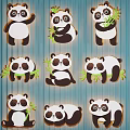 Cute Panda Wall Decor With Various Poses And Bamboo On Blue Striped Background