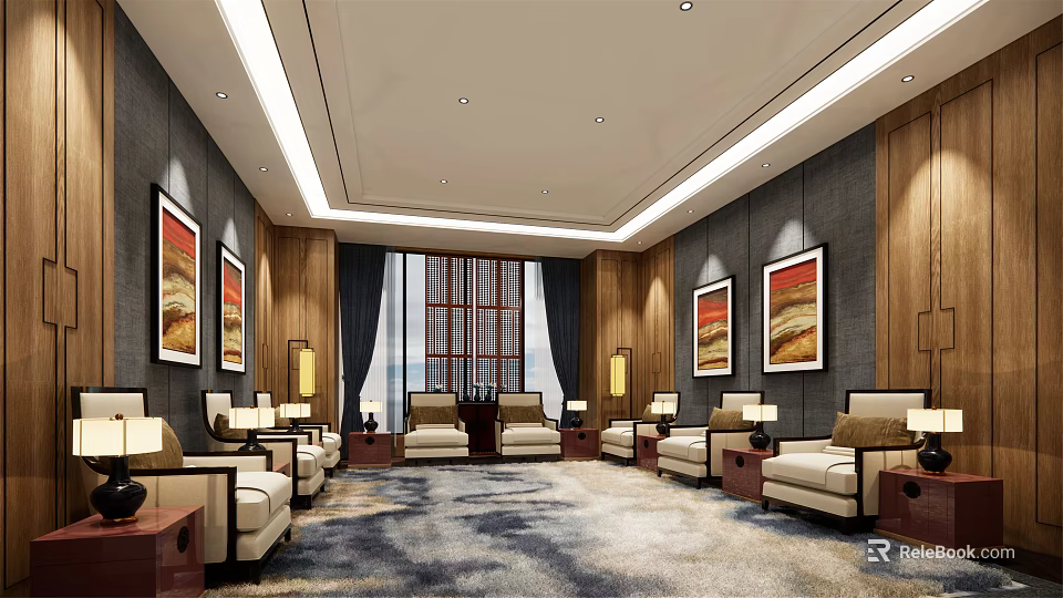 Elegant Hotel Public Lounge With Comfortable Sofas Armchairs Wall Art Large Windows And Area Rug 3d model 