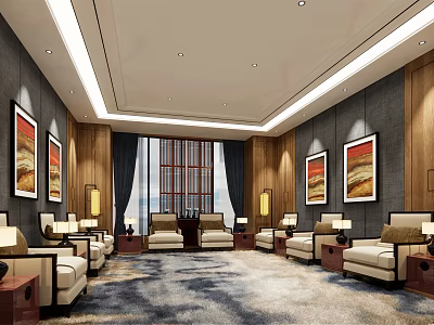 Elegant Hotel Public Lounge With Comfortable Sofas Armchairs Wall Art Large Windows And Area Rug 3d model