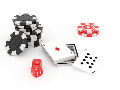 Casino Game Night Essentials With Stacked Poker Chips Playing Cards And Red Dice 3d model