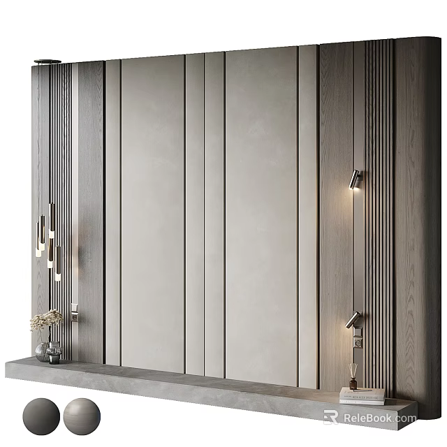 Modern Bedroom Accent Wall With Wooden Panels LED Strip Lights And Decorative Lamps 3d model 