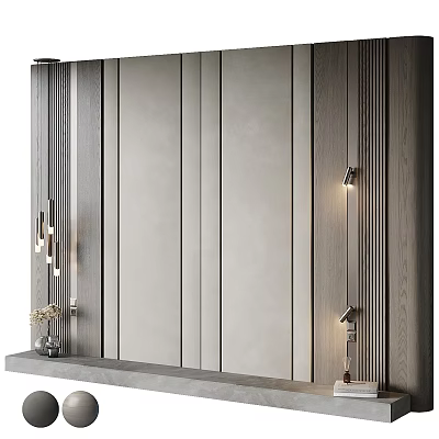 Modern Bedroom Accent Wall With Wooden Panels LED Strip Lights And Decorative Lamps 3d model