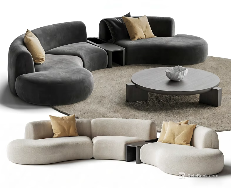 Modern Dark Gray Beige Abstract Shaped Sofa with Yellow Pillows and Round Coffee Table 3d model 