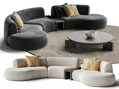 Modern Dark Gray Beige Abstract Shaped Sofa with Yellow Pillows and Round Coffee Table 3d model
