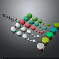 Colorful Wooden And Stone Round Objects With Various Sizes Arranged On Reflective Base