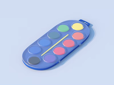Blue Paint Palette Set With Various Color Wells And Yellow Paintbrush 3d model