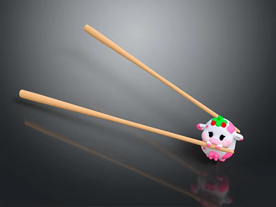 Cute Pink White Stuffed Toy Held by Wooden Chopsticks With Strawberry Leaf Decoration 3d model