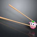 Cute Pink White Stuffed Toy Held by Wooden Chopsticks With Strawberry Leaf Decoration