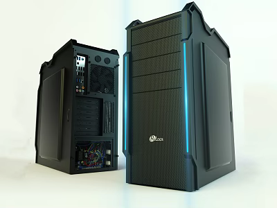 Modern Black PC Towers With Open Internal Components And Blue LED Lighting 3d model