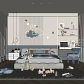 Cozy Kids Room Interior With Bed Desk Shelves Star Cloud Decor And Stuffed Toys