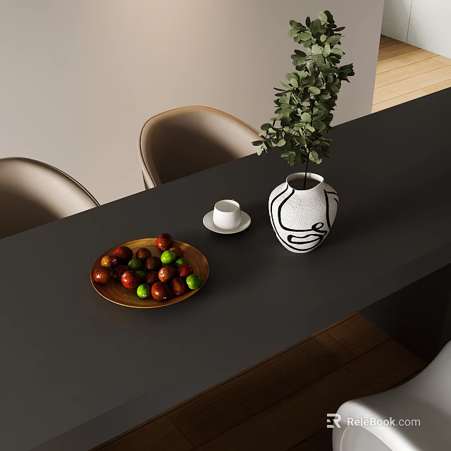 Modern Decorative Ornament Combination with Metallic Fruit Tray White Patterned Vase and Green Plant 3d model 