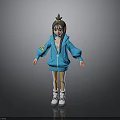 3D Anime Character With Blue Hoodie Yellow Pants White Shoes And Hair Accessory