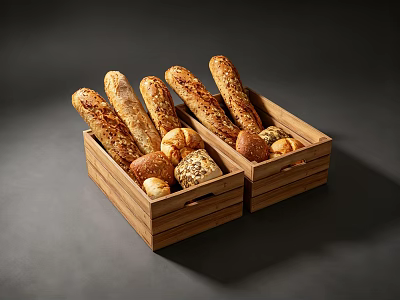 Fresh Assorted Bread In Wooden Crates With Baguettes And Round Rolls On Dark Background 3d model
