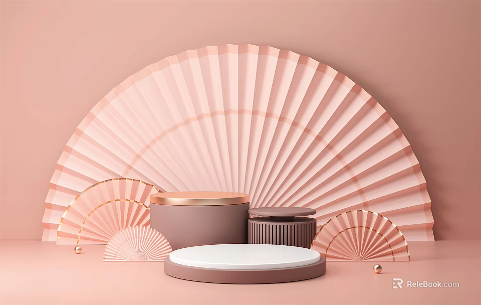 Stylish Display Stands with Pink Background and Large Fan Shaped Decorations and Gold Decorative Balls 3d model 
