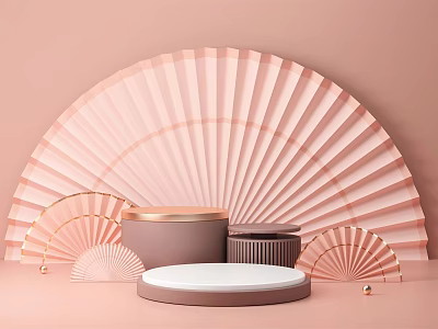 Stylish Display Stands with Pink Background and Large Fan Shaped Decorations and Gold Decorative Balls 3d model