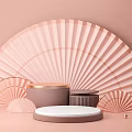 Stylish Display Stands with Pink Background and Large Fan Shaped Decorations and Gold Decorative Balls