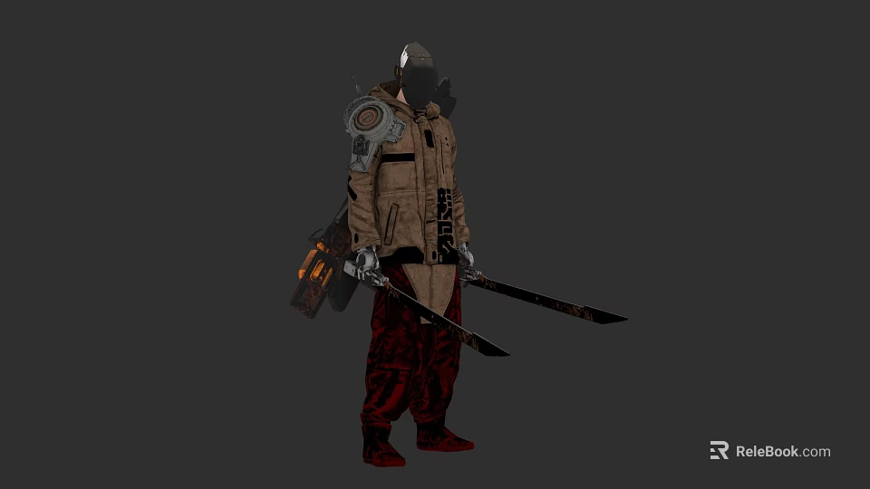 Game Character In Long Coat With Helmet Dual Swords Red Pants And Red Boots 3d model 