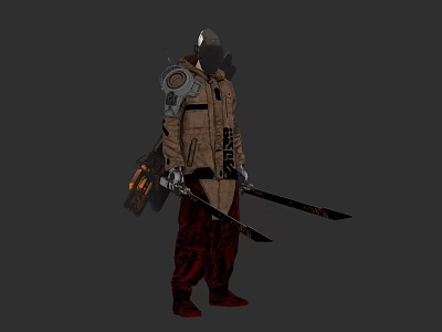 Game Character In Long Coat With Helmet Dual Swords Red Pants And Red Boots 3d model