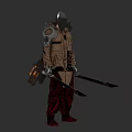 Game Character In Long Coat With Helmet Dual Swords Red Pants And Red Boots