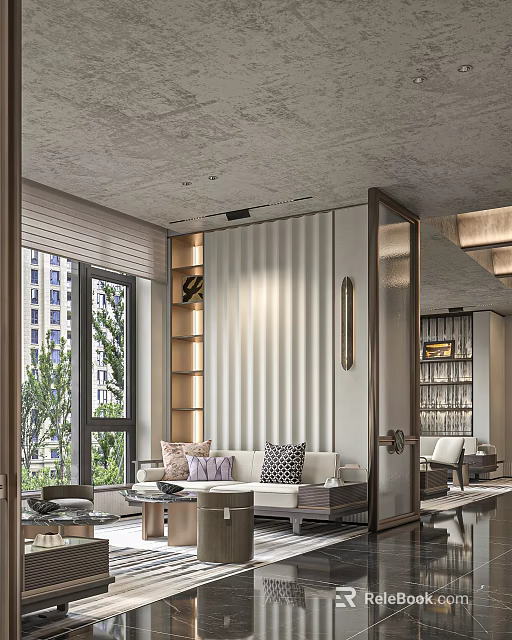 Elegant Modern Luxury Sales Office Interior Featuring Large Windows Sofa And Bookshelf Decorations 3d model 