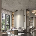 Elegant Modern Luxury Sales Office Interior Featuring Large Windows Sofa And Bookshelf Decorations