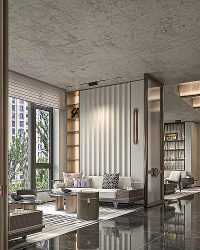 Elegant Modern Luxury Sales Office Interior Featuring Large Windows Sofa And Bookshelf Decorations 3d model