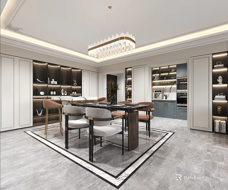 Elegant Modern Dining Living Room Interior With Crystal Chandelier Wooden Table Upholstered Chairs And Cabinets 3d model 