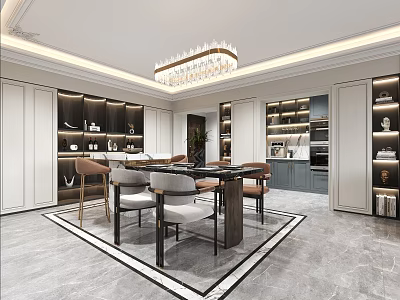 Elegant Modern Dining Living Room Interior With Crystal Chandelier Wooden Table Upholstered Chairs And Cabinets 3d model