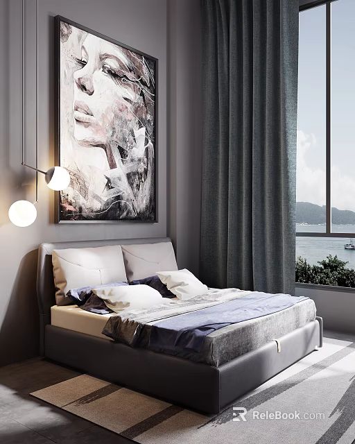 Modern Double Bed with Headboard Pillows and Dark Curtains by Sea View Window 3d model 