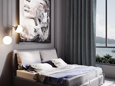 Modern Double Bed with Headboard Pillows and Dark Curtains by Sea View Window 3d model