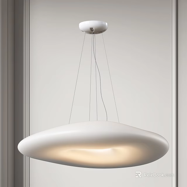 White Modern Minimalist Chandelier with Round Flat Disc Shaped Shade Suspended by Thin Wires 3d model 