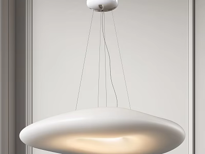 White Modern Minimalist Chandelier with Round Flat Disc Shaped Shade Suspended by Thin Wires 3d model