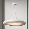 White Modern Minimalist Chandelier with Round Flat Disc Shaped Shade Suspended by Thin Wires