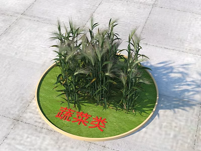 Flowers and Plants in Circular Planter with Green Grass and Red Vegetable Label 3d model