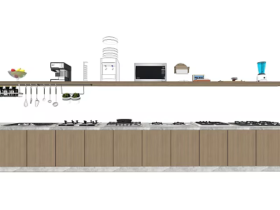 Modern Kitchen Interior With Wooden Cabinets Countertop Microwave And Cooking Utensils 3d model