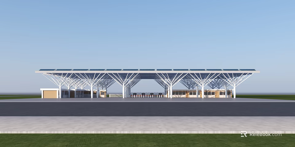 Modern Large Entrance Gate With Steel Canopy Roof Open Plaza And Green Lawn Area 3d model 