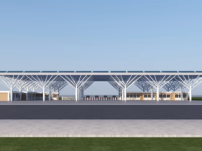 Modern Large Entrance Gate With Steel Canopy Roof Open Plaza And Green Lawn Area 3d model