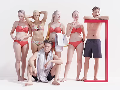 Group of People in Swimwear Posing with Towels near Red Frame on White Background 3d model