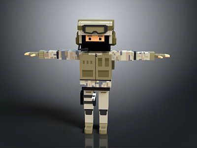 Pixel Style Military Character With Camouflage Uniform And Helmet 3d model