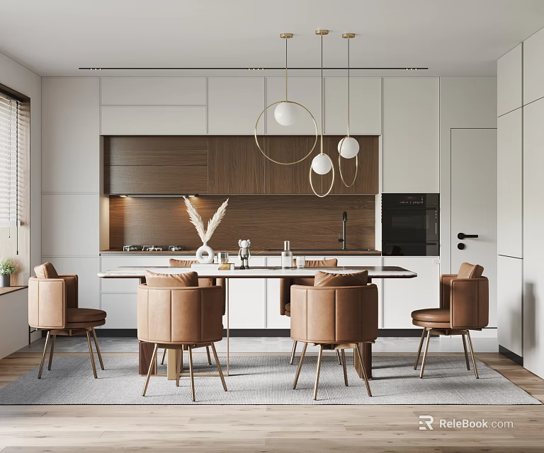 Modern Restaurant Interior With Open Layout Dining Table Brown Chairs Pendant Lights And White Cabinets 3d model 