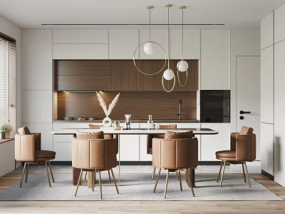 Modern Restaurant Interior With Open Layout Dining Table Brown Chairs Pendant Lights And White Cabinets 3d model