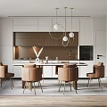 Modern Restaurant Interior With Open Layout Dining Table Brown Chairs Pendant Lights And White Cabinets