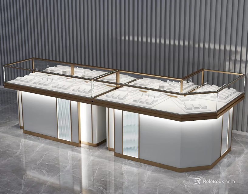Modern Jewelry Display Showcase With Glass Top And Metal Frame Lighting 3d model 