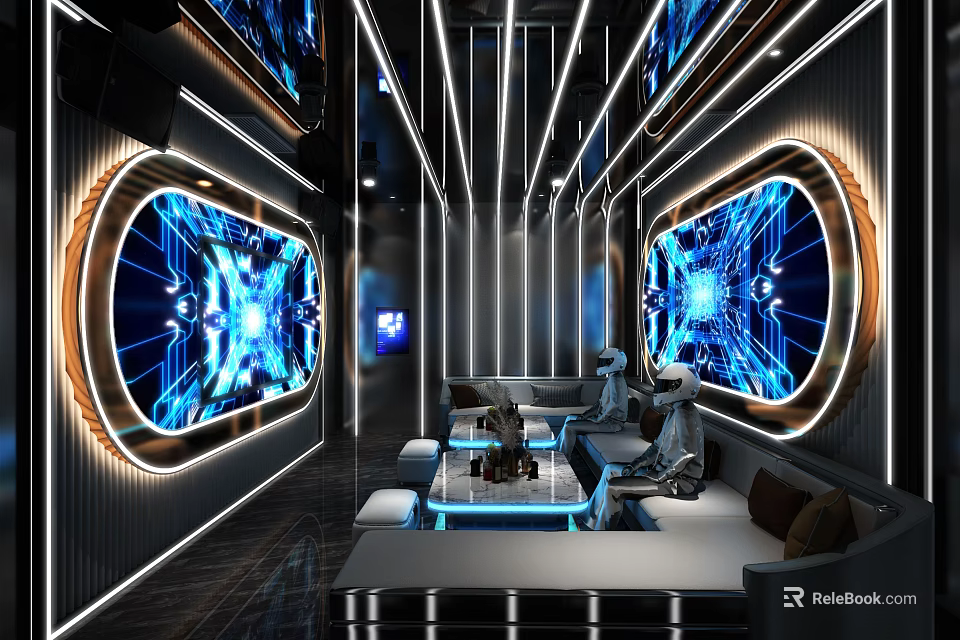 Modern KTV Interior With Hi Tech Large Screens Neon Lights And Sofas 3d model 