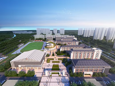 Modern School Campus Buildings With Greenery Sports Field And Plaza Layout 3d model